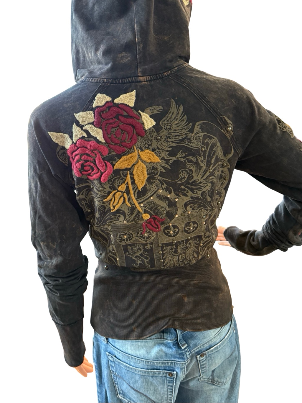 Womens Brown Hooded Jacket With Embroidered Rose Detail
